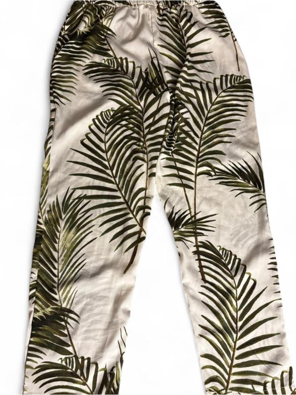 H&M Cream Pants with Green Palm Leaves Print, Size Womens Small